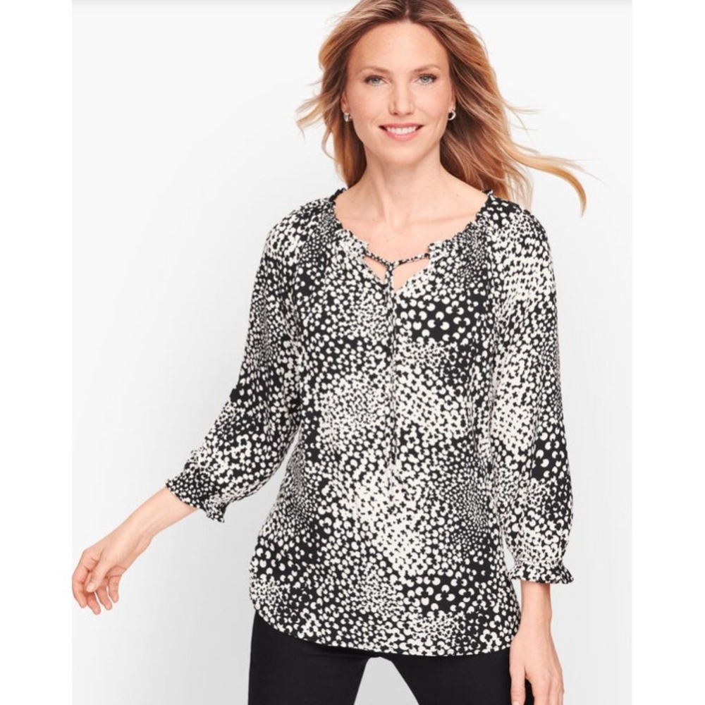 Talbots Black White Floral Tie Front‎ Ultra Soft Rayon Blouse size Large